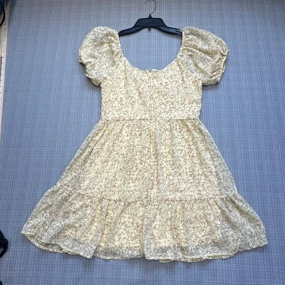 Trixxi Butter Yellow Floral Dress Medium Puff Sleeve Babydoll Sheer Overlay * - Picture 3 of 11